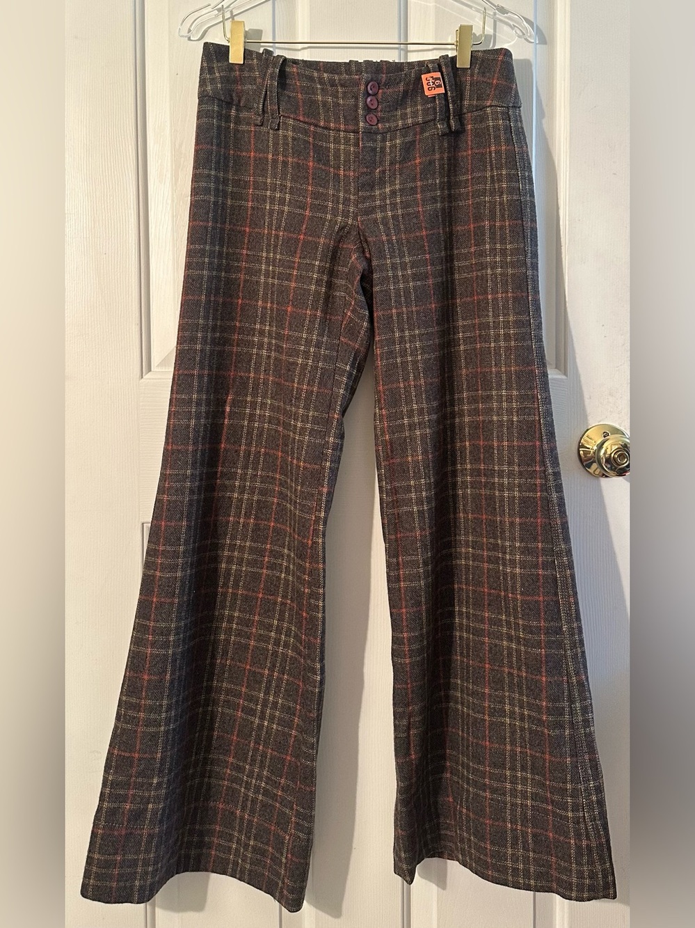 FREE PEOPLE 2 Retro Vintage WOOL Blnd Fall Warm Gray Plaid Flare Leg Pants Lined